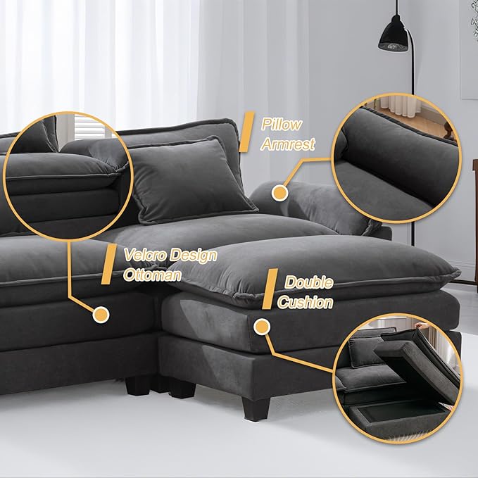 Modular Sectional Sofa 86 L Shaped Couch Set with Movable Ottoman Flannel Comfy Cloud Couch Sectional Set Extra Deep Seat Sofa with 2 Pillows for Living Room (Dark Grey 2-Seat &amp 1-Ottoman)