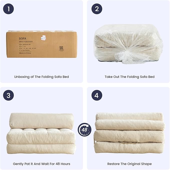 ijuicy 50 W Folding Sofa BedCorduroy Futon Sofa Bed Convertible Sleeper Chair with Pillow Foldable Mattress with Back Support Floor Couch for Adults for Living RoomNo Assembly（Beige/Full）