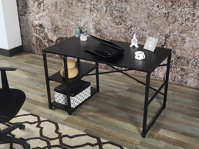 Sage Black Metal &amp Wood Desk - 47 Writing Desk with 2 Shelves Home Office Desk