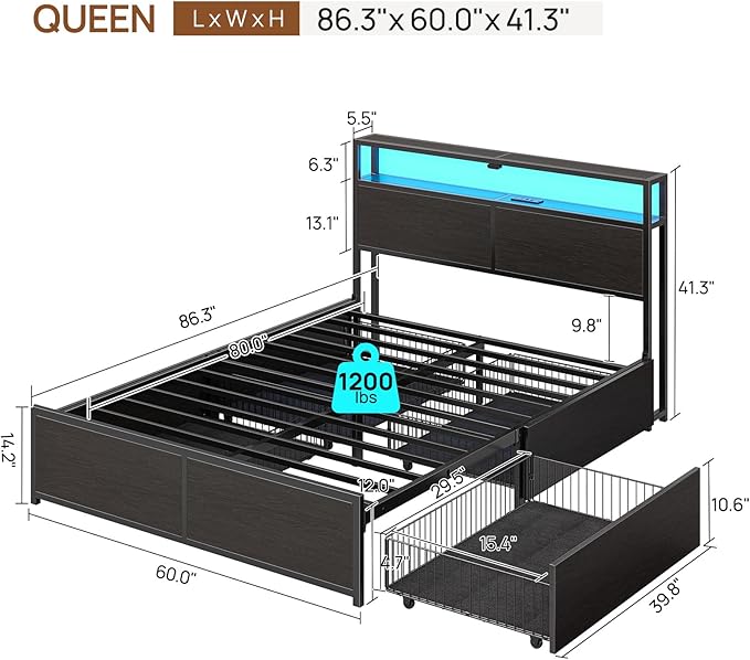 Rolanstar Queen Bed Frame with 4 Storage Drawers &amp 2-Tier Storage Headboard Metal Platform Bed Frame with Charging Station &amp LED Lights Noise-Free No Box Spring Needed Easy Assembly Black