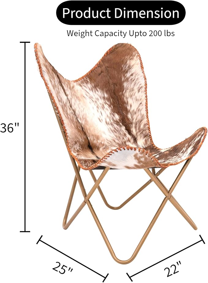 Shy Shy Let’s Touch The Sky Home Decor Genuine Goat Leather Butterfly Arm Chair with Black/Brown White Hair on Cowhide Accent Chair (White and Brown with Rose Gold)