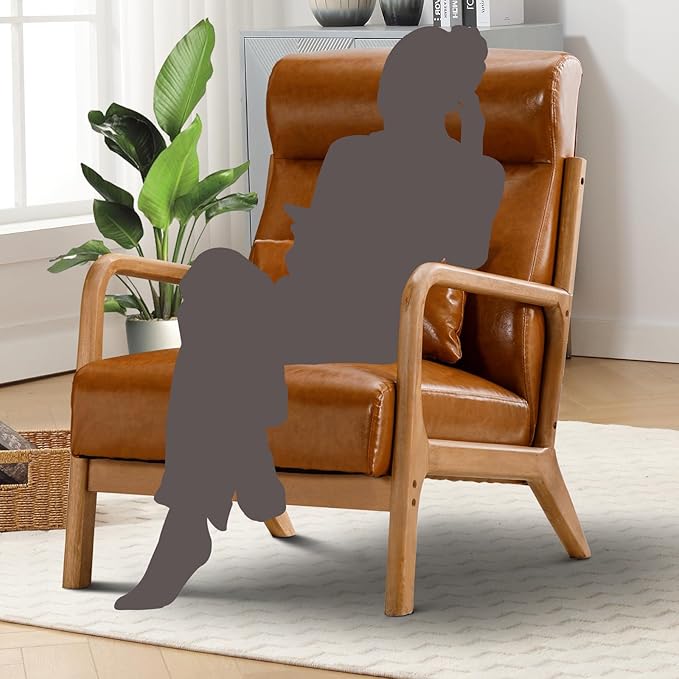 Accent Chair Mid Century Modern Chair PU Leather Fabric Living Room Chairs with Solid Wood Frame Comfy Upholstered and Lumbar Pillow Reading Side Chair Easy Assembly for Bedroom (1 Brown)