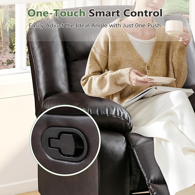 ANJ Manual Recliner Chair Breathable Faux Leather Reclining Chairs with Overstuffed Arm and Back Living Room Single Sofa Recliners (Dark Brown)