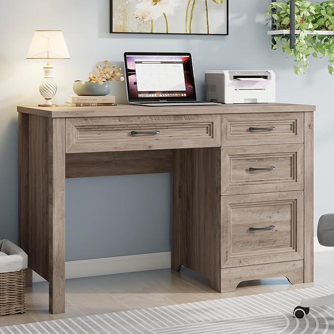 Farmhouse Executive Desk with Drawers Wood Computer Desk with Ample File Drawer Rustic Home Office Desk with Storage for Bedroom Living Room Grey