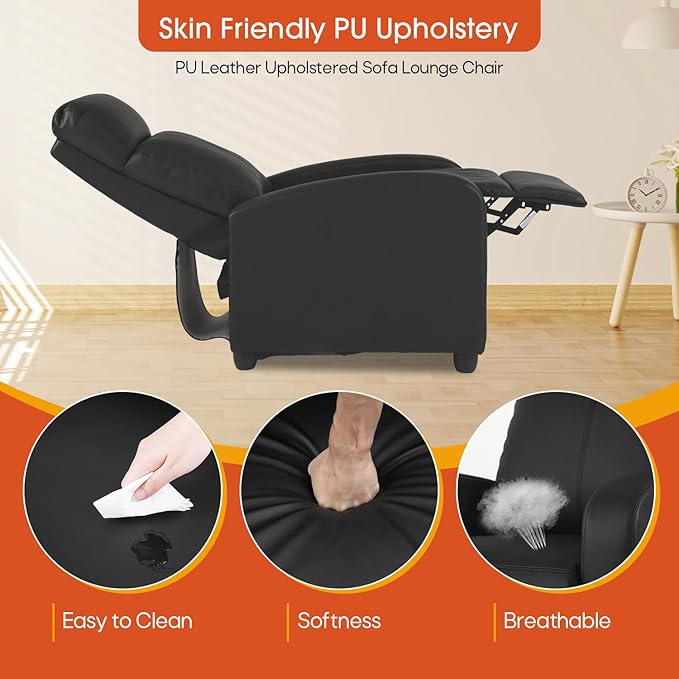 Recliner Chair PU Leather Recliner Sofa Home Theater Seating with Lumbar Support Overstuffed High-Density Sponge Push Back Recliners Armchair for Living RoomBlack