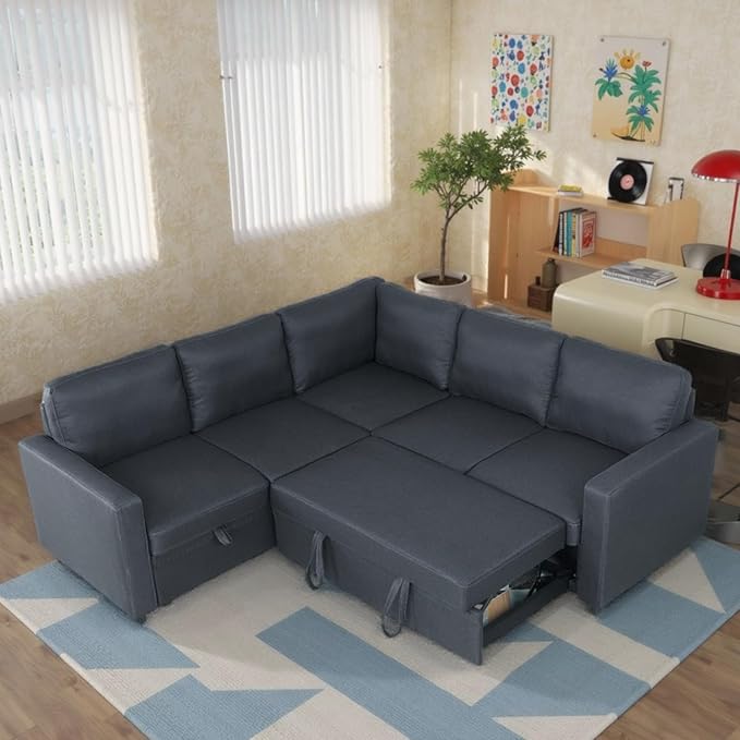 FONTOI Sleeper Sofa Bed Modular Sectional Couch with Pull Out Bed L Shaped Sectional Convertible SofaBed with Storage Seat for Living Room Apartment Bedroom Office Dark Gray Linen