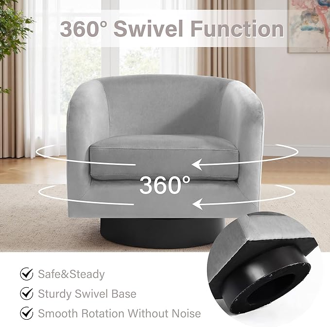 Swivel Barrel Accent Chair Modern 360° Swivel Round Barrel Chairs with Curve Back Upholstered Velvet Fabric Armchair Single Sofa Club Chair for Living Room Bedroom Gray