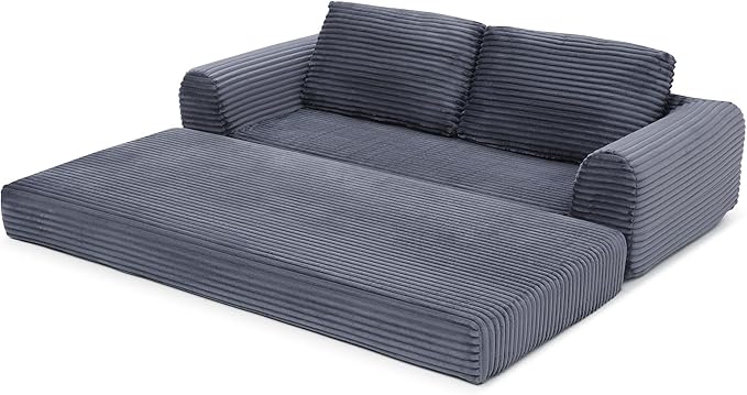 82 Corduroy Convertible Boneless Couch with Pull-Out Bed 2 in-1 Folding Convertible Sofa Bed with Pillows Loveseat Floor Sofa Couches for Living Room No Assembly Required (Grey) | Breathable Mater