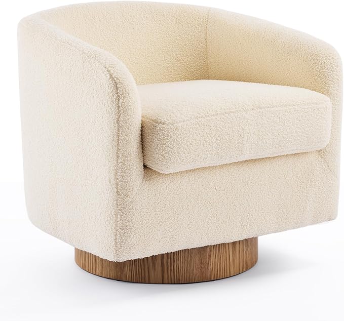 VINGLI 360°Swivel Accent Chair with Engineered Wood Base and Removable Cushion for Living Room Bedroom Curved Back Barrel Chair for Small Space Upholstered Bucket Armchair Teddy Khaki