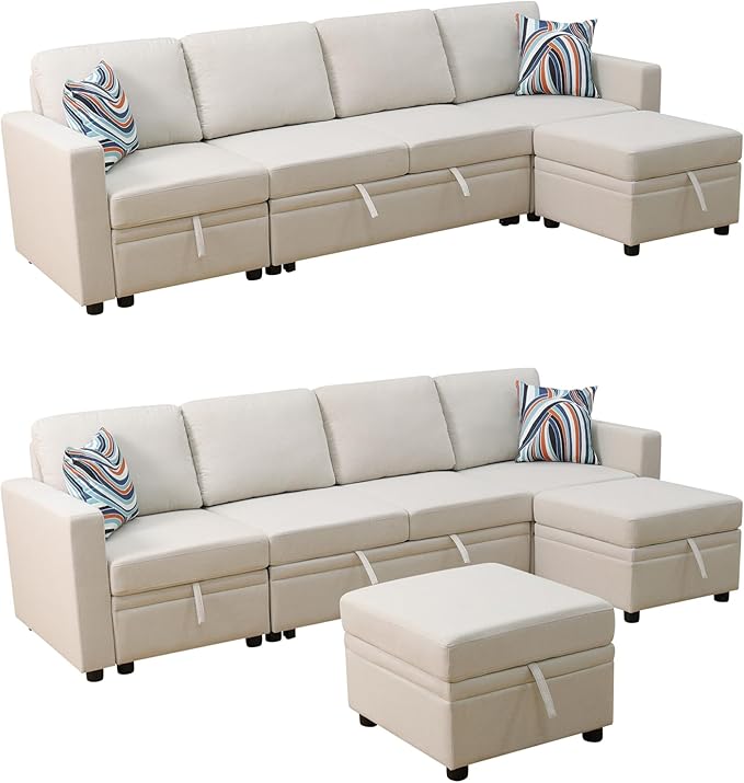 102 Inch Pull Out Couch Convertible Sofa Bed for Living Room Comfortable Sleeper Sofa with Pull Out Bed Modern Sectional Couches with Ottoman Storage Easy Assembly for Apartment Off-White