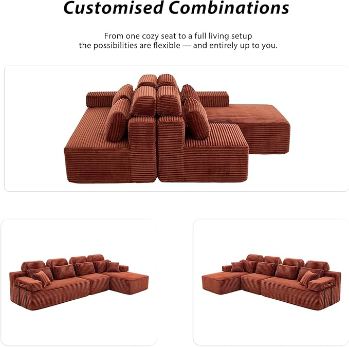 136″ Cloud Modular Sectional Sofa Modern L-Shaped Sectional Couches for Living Room Oversized 3-Seater Couch Corduroy Boneless Couch in a Box No Assembly Required Orange