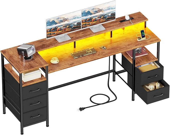 61 Inch Gaming Desk with Power Outlets and LED Lights Reversible Computer Desk with 5 Fabric Storage Drawers Home Office Desk with Monitor Stand for Working Writing Study Rustic Brown