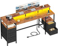 61 Inch Gaming Desk with Power Outlets and LED Lights Reversible Computer Desk with 5 Fabric Storage Drawers Home Office Desk with Monitor Stand for Working Writing Study Rustic Brown