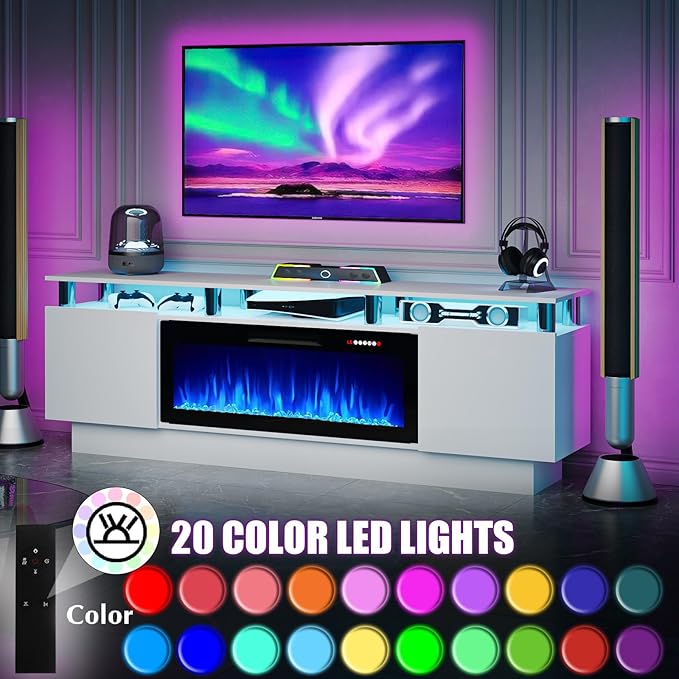 70 Modern Fireplace TV Stand with 36 Electric Fireplace for TVs Up to 80 inch Luxury LED Light Entertainment Center with High Gloss Cabinet TV Consoles for Living Room White