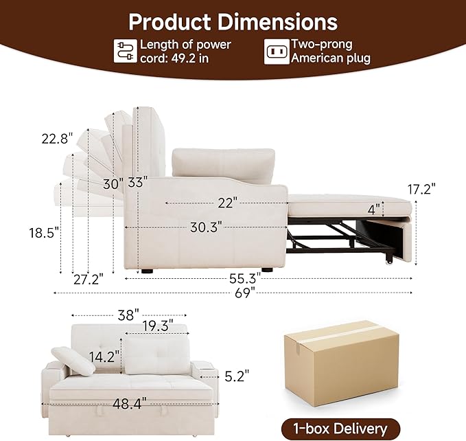 Loveseat Sofa Bed 3-in-1 Convertible Sleeper Sofa Chenille Fabric Pull Out Couch with USB Charging Ports 5 Level Adjustable Backrest Cup Holders for Living Room Sunroom Study Beige