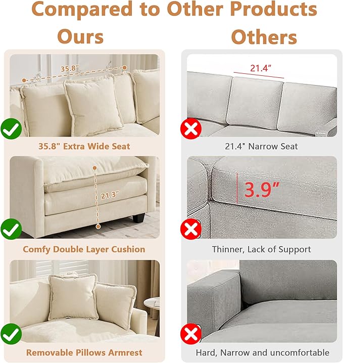 Setawix Modern Modular Sectional Sofa 78 Upholstered Chenille Loveseat with Movable Ottoman Comfy L-Shaped Sofa Oversized Deep Seat Cloud Couch with 2 Throw and Arm Pillows for Living Room Beige