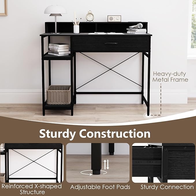 Tangkula Small Computer Desk with Power Outlets 42 Writing Desk with Hutch Drawer &amp 2 Open Shelves Gaming Table with Heavy-Duty Metal Frame for Home Office (Black)