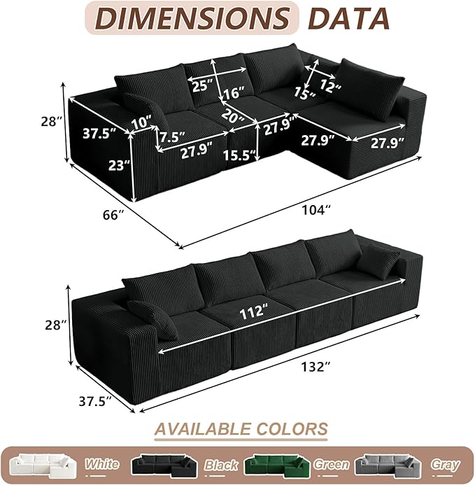 104'' Cloud Modular Sectional Sofa Corduroy L-Shaped Minimalist Couch with Deep Seat Modern 4-Seater Free Combination Sofa for Living Room – No Assembly Required (Black)