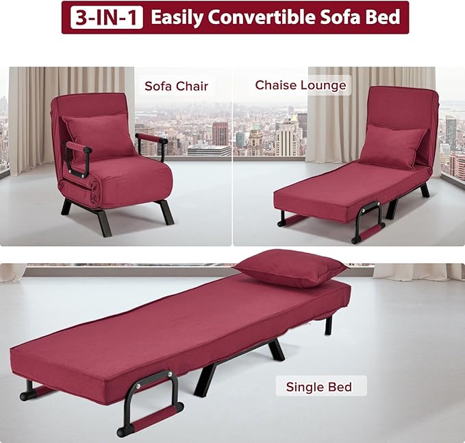 Convertible Sofa Bed Sleeper ChairSingle Person Chaise Lounge Couch with PillowUpholstered Lazy Bed with 6 Angles Adjustable BackrestFolding Sofa Arm Chair for Apartment/Office/Home (Red)