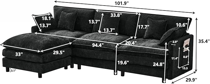 KEIKI 101.9 Modular Sectional Sofa with Movable Ottoman 3 Seat Modern Sofa Set L-Shape Sectional Couches for Living Room Apartment Black