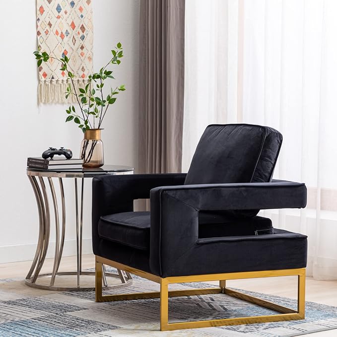 Modern Accent Chair Velvet Upholstered Side Chair with Backrest Comfy Armchair Side Chair with Golden Metal Base for Living Room Reception Room 1PC Black