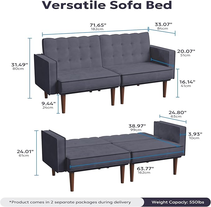 71 Velvet Futon Sofa Bed Versatile Loveseat Couch Sleeper Sofa with Adjustable Backrest Mid Century Modern Futon Couch for Small Space Living Room Office &amp Apartment Velvet Fabric Grey
