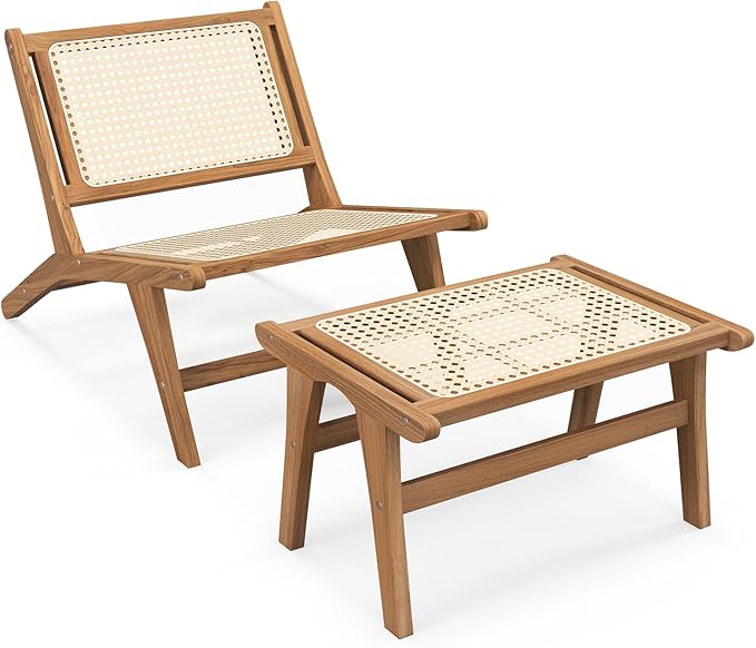 Tangkula Mid Century Modern Accent Chair with Ottoman Farmhouse Handwoven Rattan Living Room Chair with Teak Wooden Frame for Indoor Lazy Lounge Chair for Home Bedroom Office