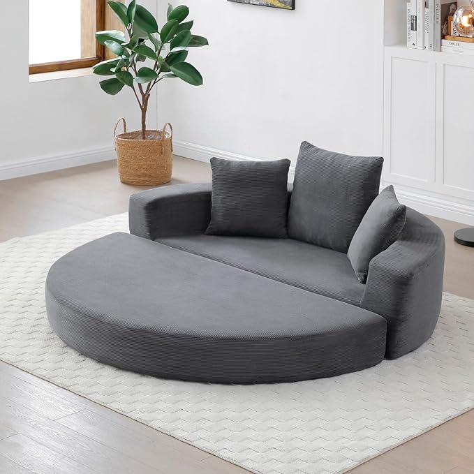 Folding Sofa Bed Corduroy Circular Boneless Couch No Assembly Convertible Sleeper Sofa with 3 Pillow Comfy Futon Sofa Bed for Apartment Office Bedroom Living Room Gray
