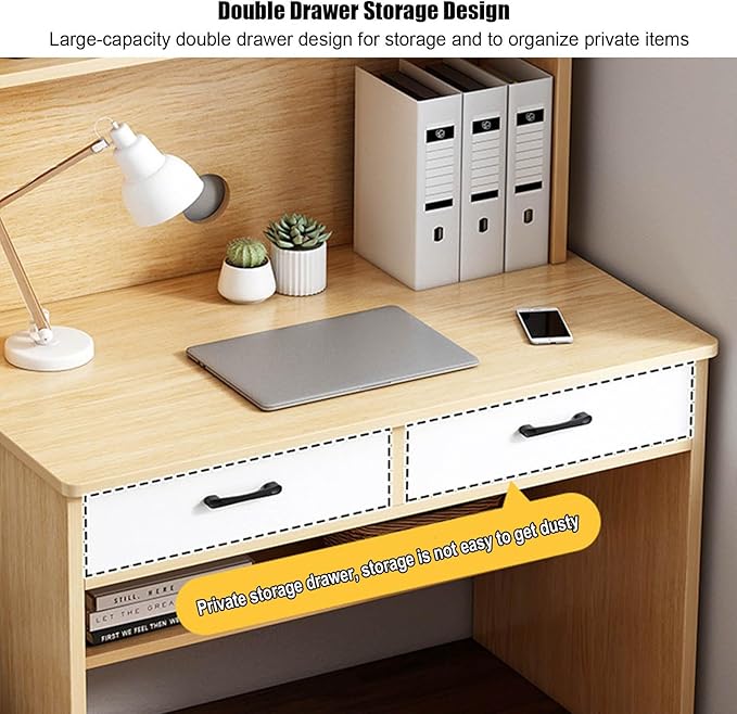 Wooden Computer Desk with Hutch and BookshelfHome Office Desk with Drawers and Storage Shelf Space Saving Writing Study Desk Workstation(27.5 L x 20 W x 71 H A)