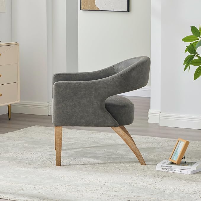 Modern Accent Chair Upholstered PU Leather Barrel Armchairs with Rubberwood Legs Comfy Lounge Arm Chair Hollow-Out Side Club Chair for Living Room Bedroom Office (Gray-Wide)