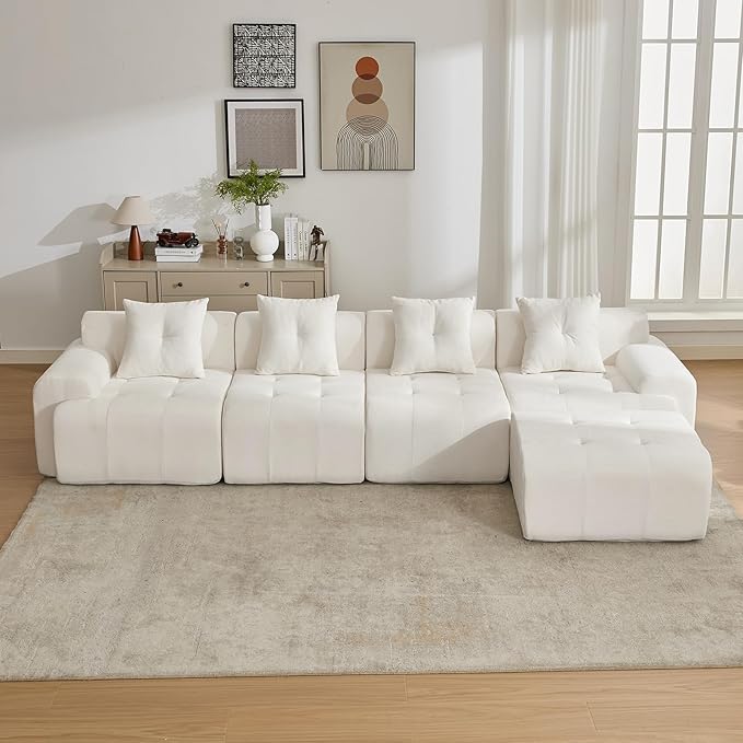 129.23”Modular Sectional Couch for Living Room Modren L-Shape Cloud Sectional 4-Seater Sofa with 2 Movable Ottomans Woven Texture Upholstery Boneless Couch No Assembly Beige