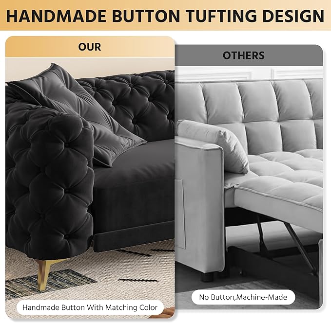 97.7 King Pull Out Sofa Bed Velvet Chesterfield Sleeper Sofa Couch 3 in 1 Convertible Tufted Futon Couches with Ottoman for Living Room Small Space Apartment Office Bedroom Black