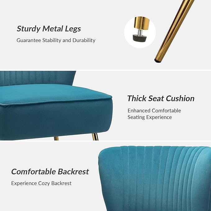 HULALA Home Velvet Accent Chair Set of 2 Modern Armless Upholstered Side Chair with Glam Gold Metal Legs for Vanity Living Room Bedroom - Blue