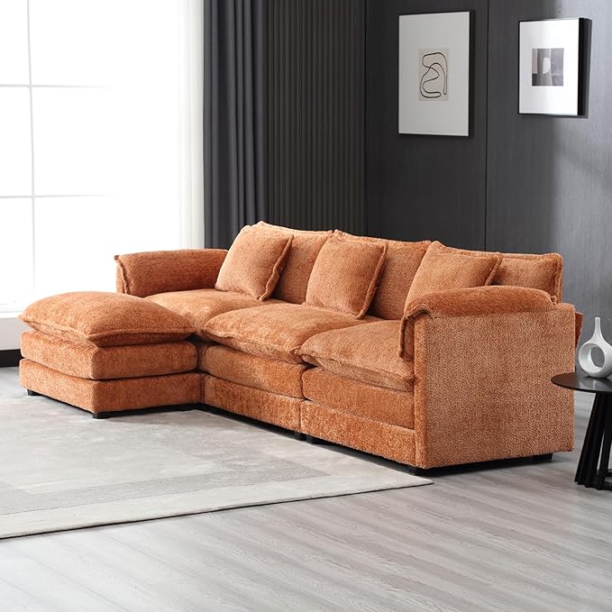 kevinplus 112'' Sectional Sofa Couch with Convertible Ottoman for Living Room Modern Contemporary 3-Seat L-Shape Sofa Couch for Apartment Home Office Thick Cushion &amp Boucle Fabric Orange