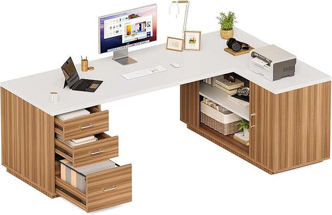 LITTLE TREE 87-Inch Modern Executive Desk with File Cabinet Large Home Office Desk with Drawers 3-Drawer Wooden File Cabinet Spacious Workstation for Home Office (White &amp Brown)