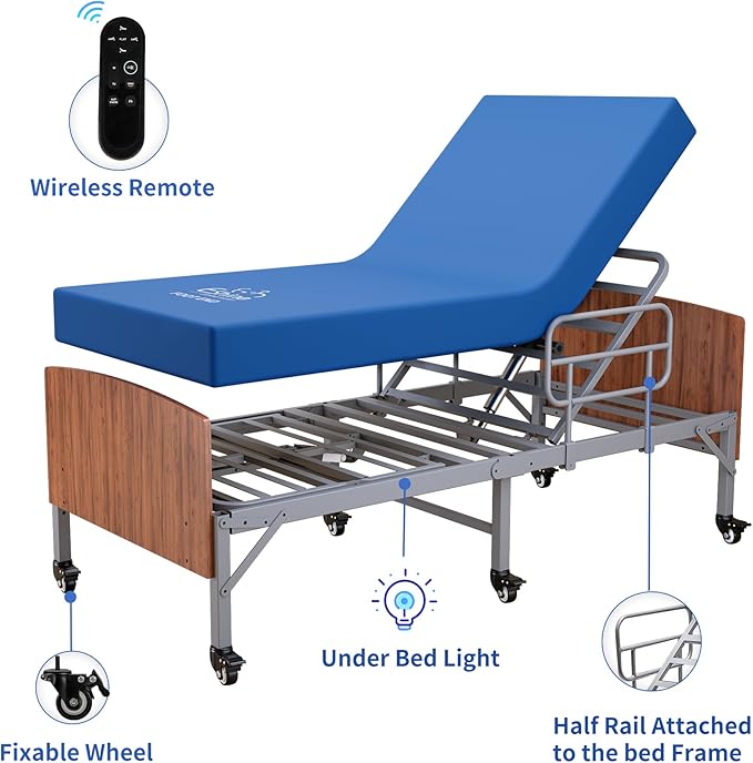 ESHINE Adjustable Bed Frame with Hospital Waterproof Mattress - Wireless Remote Underbed Light Headboard 2.5 Wheels Head &amp Foot Incline Mobility Support Easy Installation 750 lbs Capacity