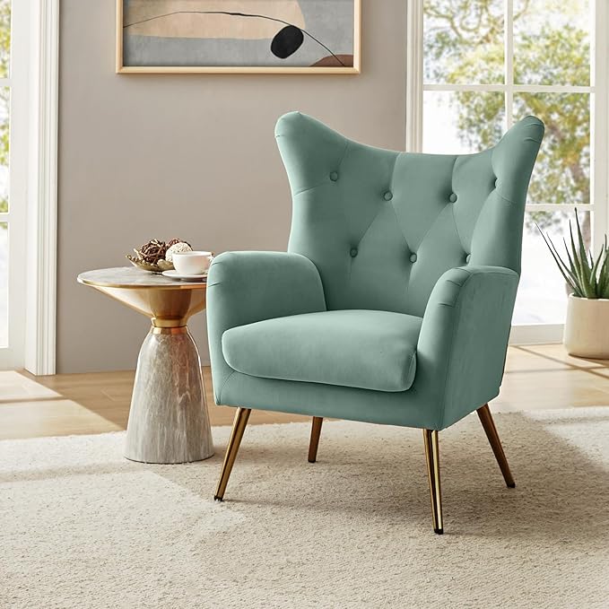HULALA HOME Velvet Accent Chair Set of 2 Modern Wingback Arm Chair with Metal Gold Legs Velvet Tufted Upholstered Single Sofa(SAGE)