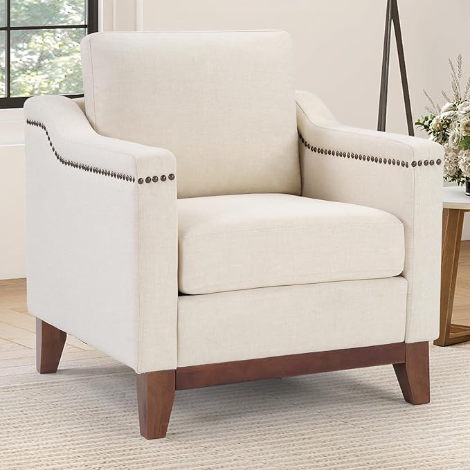 Vintage Upholstered Armchair with Nailhead Trim and Solid Wood Legs Comfortable Accent Chair for Living Room &amp Bedroom Beige