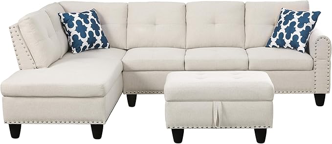 Wakefit Sectional Sofa Couch Modern 4-Seaters Living Room Furniture Sets with Chaise Lounge Ottoman &amp 2 Pillows | L Shape Couch | Cup Holder | Linen Fabric Beige