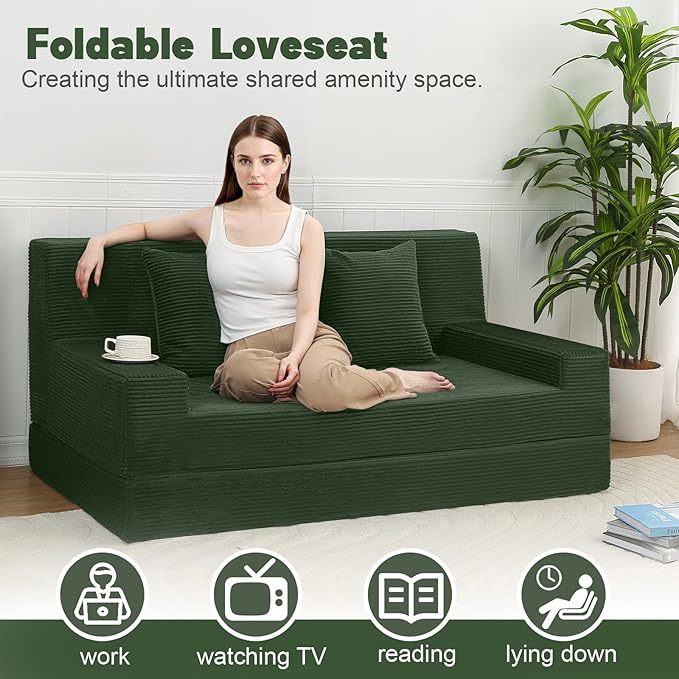 MeMoreCool Boneless Loveseat Sofa Bed – Dark Green Corduroy Convertible Futon Couch Foldable Floor Sleeper with Foam &amp Pillow Washable Cover for Bedroom Apartment Small Living Room