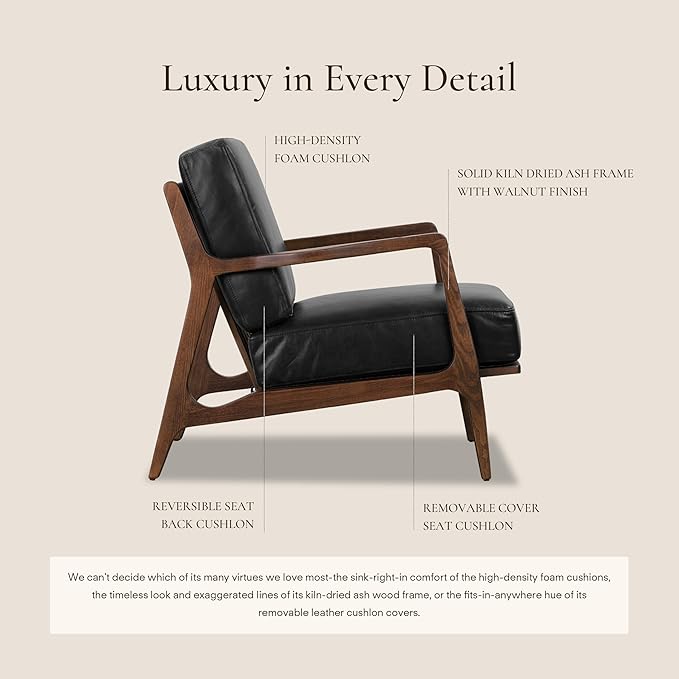 Poly &amp BARK Verity Leather Accent Chair – Armchair with Walnut Wood Frame – Fashion-Forward Lounge Seating for Living Room – Upholstered in Onyx Black Leather for Modern Style
