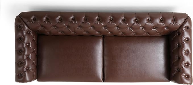 Merax PU Chesterfield Sofa Retro Style Upholstered 3 Seater Leather Couch Rolled Arm for Living Room Bedroom Office Dark Brown