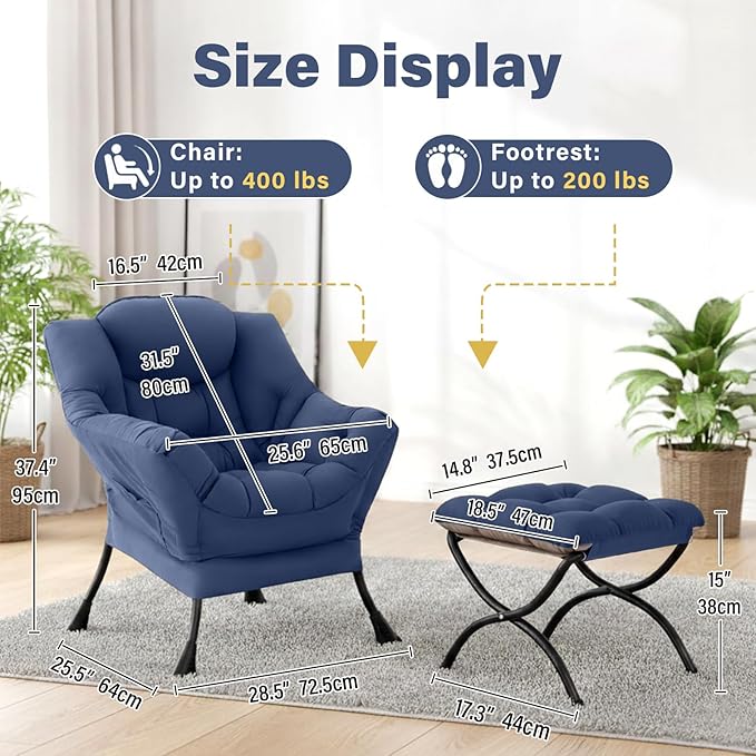 Lazy Chair and Ottoman Peach Blue Large Accent Chair with Side Pocket Modern Leisure Upholstered Sofa Reading Armchair with Footrest for Office Bedroom Living Room Dorm Rooms Balcony