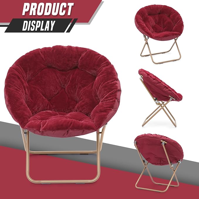 Foldable Oversized Moon Chairs Set of 2 Large Soft Lazy Cozy Comfortable Faux Fur Round Saucer Moon Chairs Set of 2 for Teens and Adults Burgundy