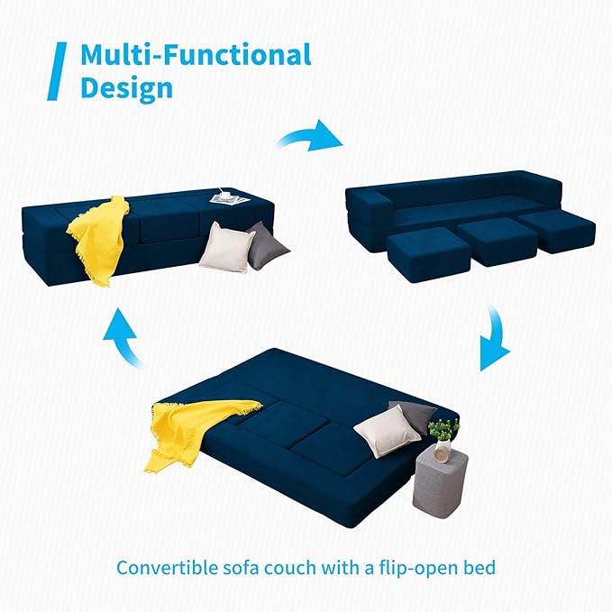Mjkone Queen Convertible Velvet Futon Sofa Bed with 3 Ottomans Memory Foam Fold Out Couch Bed Foldable Floor Sofa Guest Sleeper for Living Room Blue