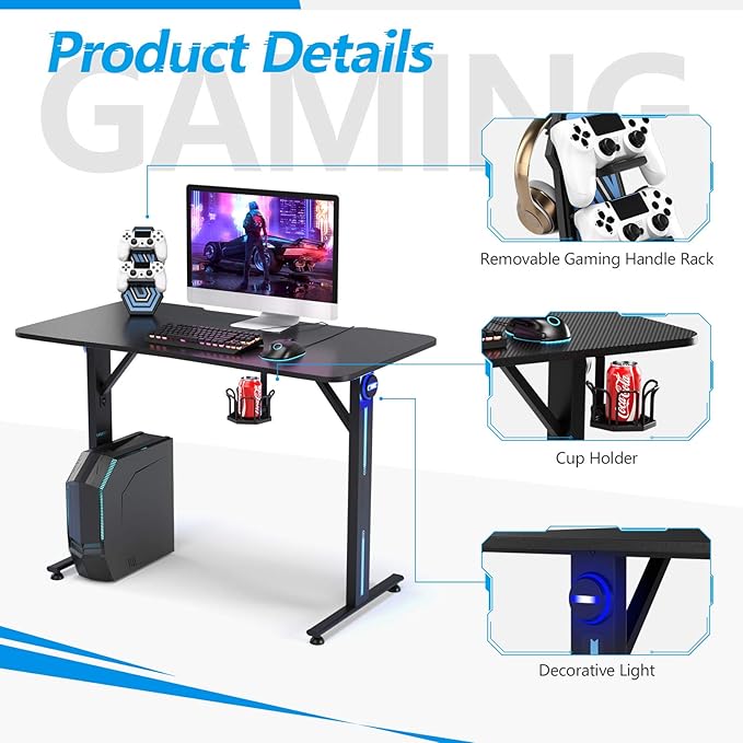 Tangkula Gaming Desk T-Shaped Computer Desk w/Game Controller Stand Cup Holder and LED Light Ergonomic Home Office Game Station with Carbon Fiber Surface (Black)