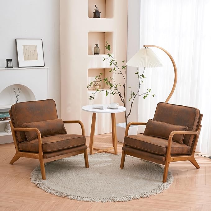 Mid Century Modern Accent Chair with Wood Frame Upholstered Lounge Bronzing Cloth Armchair Comfy Reading Leisure Chair with Cushion for Living Room Bedroom Balcony (Brown Set of 2)