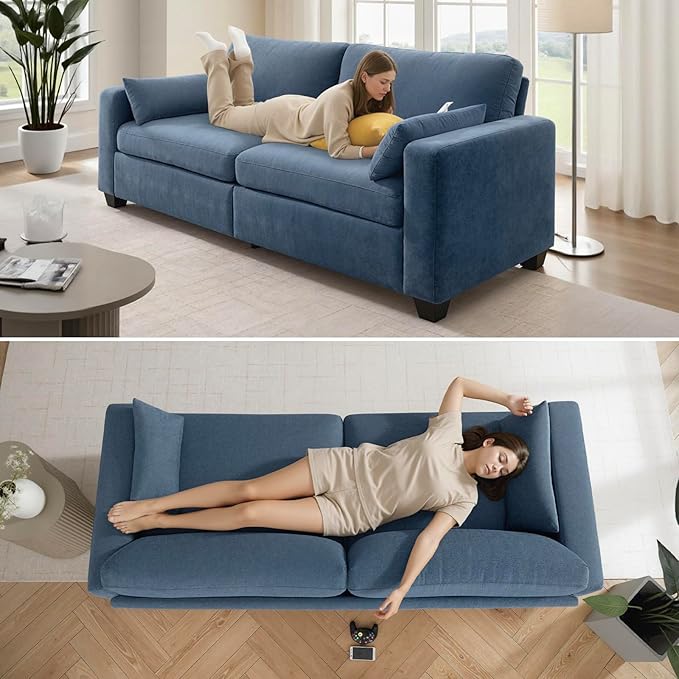 Modern Loveseat Sofa for Living Room Removable Cover Spring Cushions Solid Wood Frame Wide Armrest Chenille Fabric Recliner Couches for Small Space (Blue Chenille 81 inch)