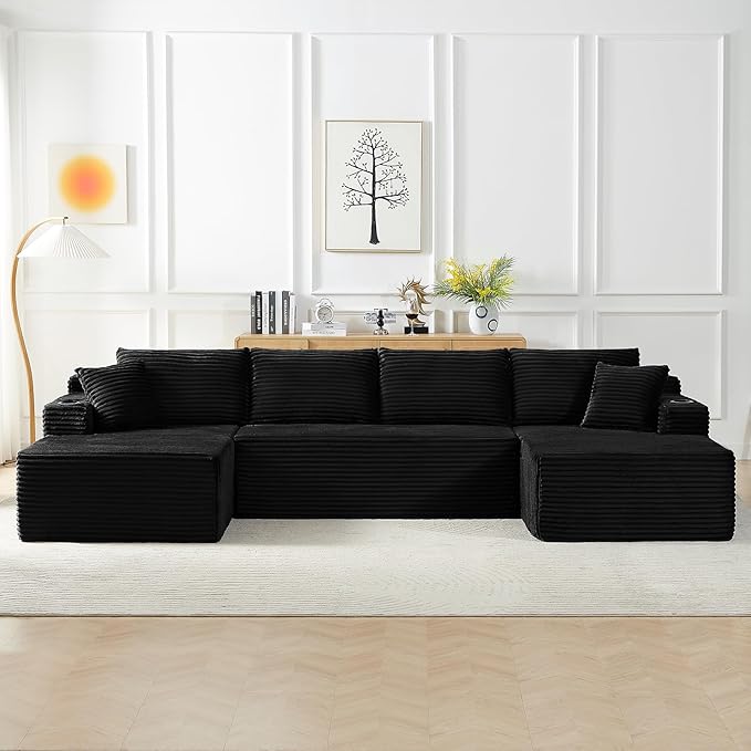 134 U-Shaped Cloud Couch Sectional Oversized Modular Boneless Sleeper Sofa with Side Pockets &amp Cup Holders 4-Seater Modern Deep Seat Corduroy Couch for Living Room No Assembly Required Black