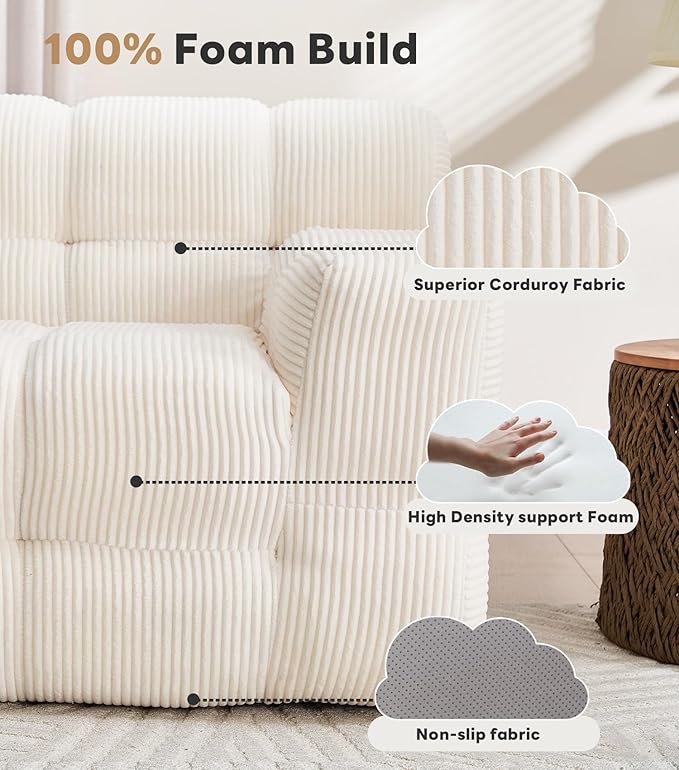 Tbfit Boneless Loveseat SofaComfy Tufted Cloud Couch Modern Living Room Floor Sofa Chair Corduroy White